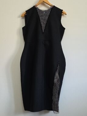 Black Sleeveless V-Neck Midi Dress with Mesh Insert